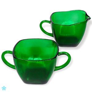 Vintage Anchor Hocking Charm Forest Green Sugar & Creamer Bowl Set Glass USA